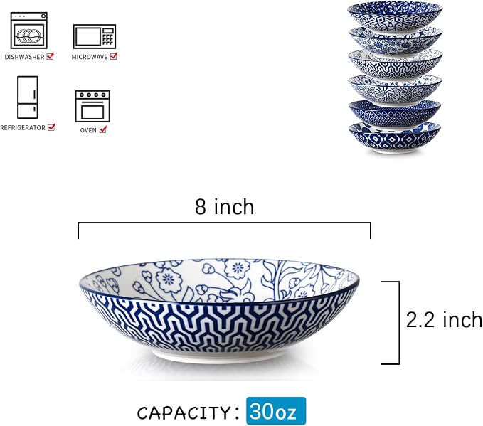 Selamica Ceramic 30oz Large Pasta Salad Bowls 8 Inch Wide and Shallow Soup Bowls - Image 2