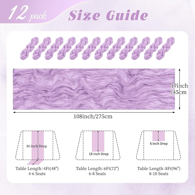 12 Pack Lavender Cheesecloth Table Runner 17x108 Inch Semi Sheer Boho Gauze - Image 2