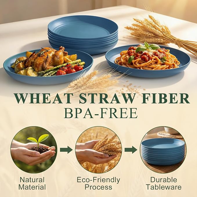 Deep Dinner Plates 10 Inch, Plastic Plates Reusable, Unbreakable Wheat Straw - Image 3