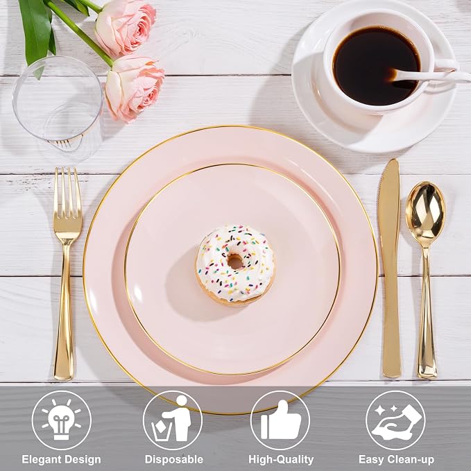 Nervure 100PCS Pink and Gold Plastic Plates, 10.25″ Disposable Dinner Plate | - Image 6
