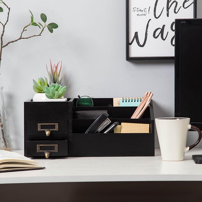 Distressed Rustic Wooden Office Desktop Organizer Wood Shelf Tabletop Home - Image 2