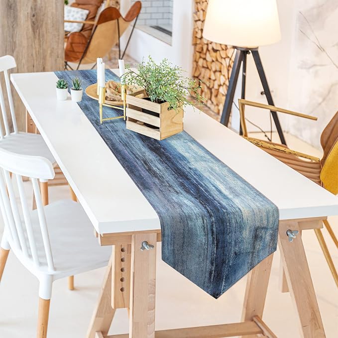 Blue and Grey Table Runner, Abstract Modern Art Burlap Table Runners - Image 7