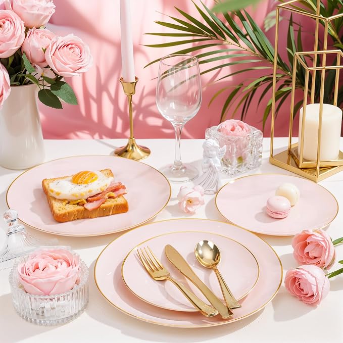 Nervure 100PCS Pink and Gold Plastic Plates, 10.25″ Disposable Dinner Plate | - Image 4