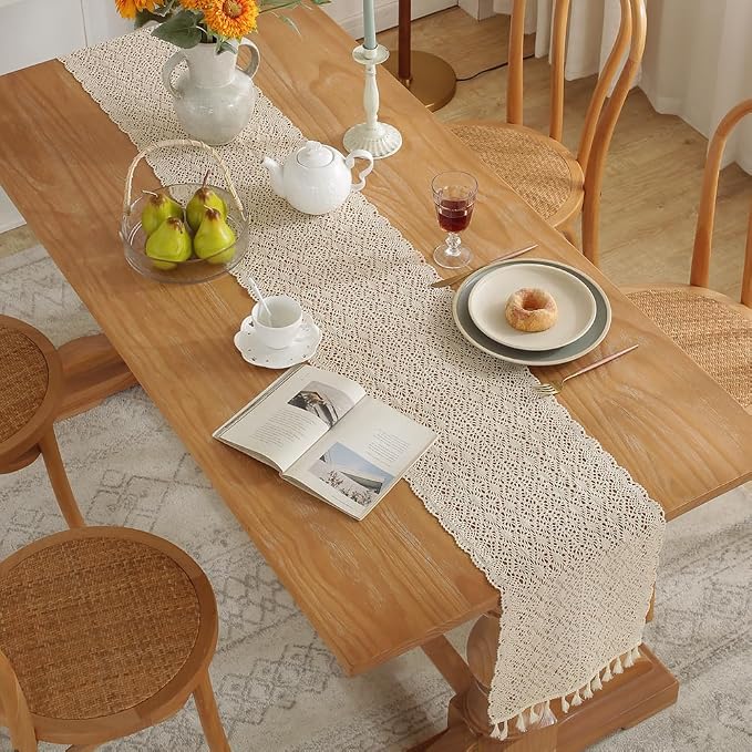 meioro Crochet Lace Table Runner, 12x72 Inch Boho Cotton Table Runners - Image 2