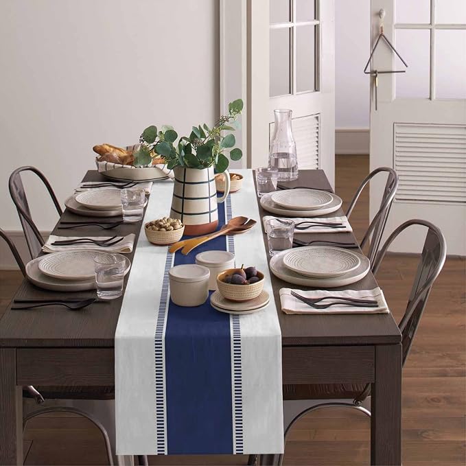 Navy Blue Stripes Table Runners, Non Slip Farmhouse Table Runner Dresser Scarves - Image 4