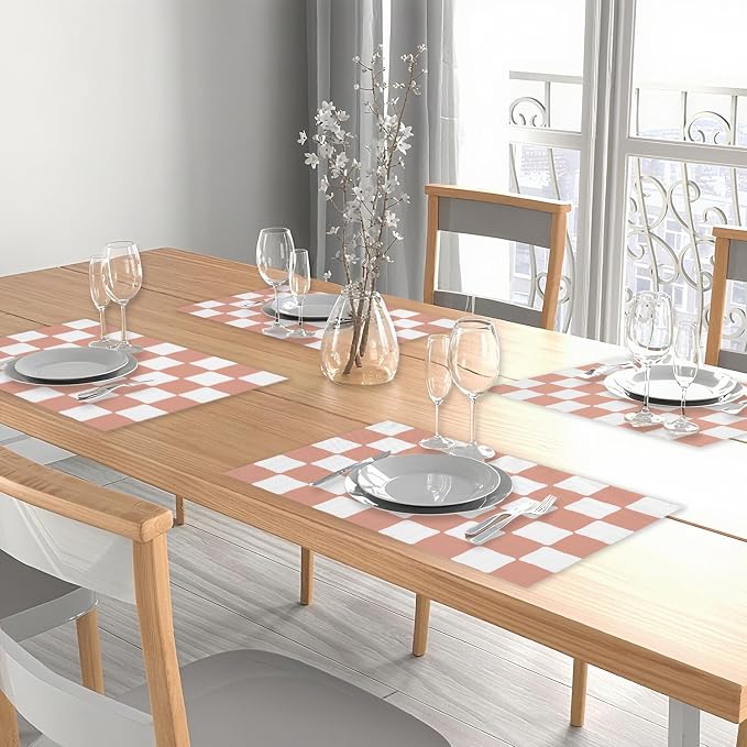 Pink and White Check Plaid Placemats Set of 4, Washable Heat Resistant - Image 5