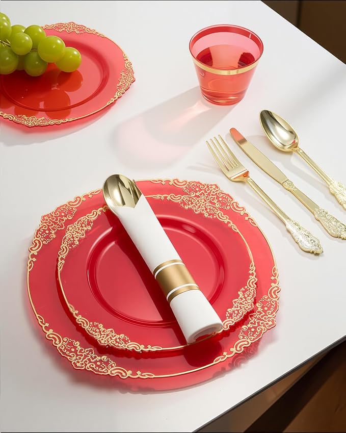350 Piece Red Dinnerware Set for 50 Guests | Includes: 100 Gold Rim Plastic - Image 5
