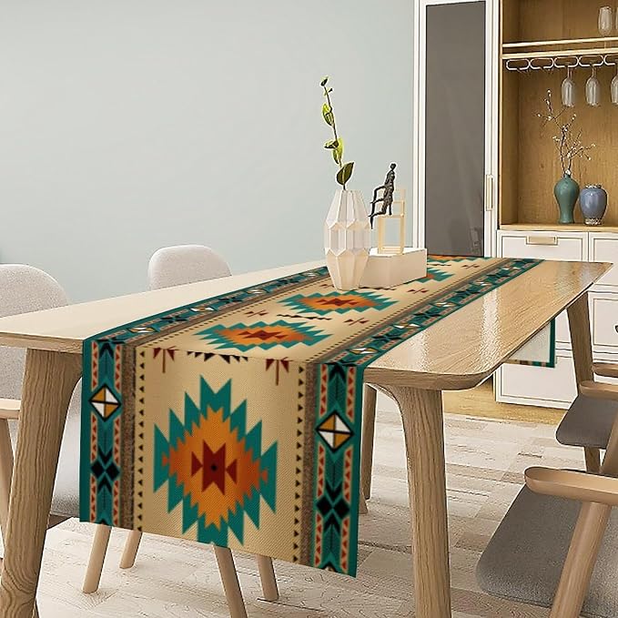 Aztec Southwest Table Runner, Ethnic Style Design Geometric Triditional Kitchen - Image 2
