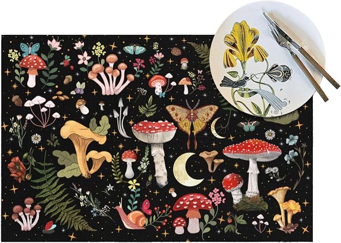 Mushroom Placemats Set of 4, Moth Gothic Witchy Table Mats, Heat Resistant - Image 5