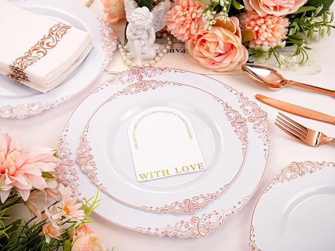 Morejoy 175PCS Rose Gold Plastic Plates & Disposable Dinnerware Sets | Inculdes - Image 9