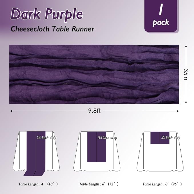 8 Pack Dark Purple Cheesecloth Table Runner 120 Inch Boho Wedding Decor | - Image 2