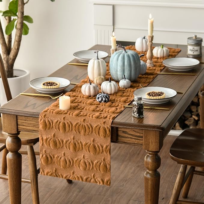 Artoid Mode Caramel Soft Faux Fur Pumpkins Fall Table Runner 13x120 Inch | - Image 3