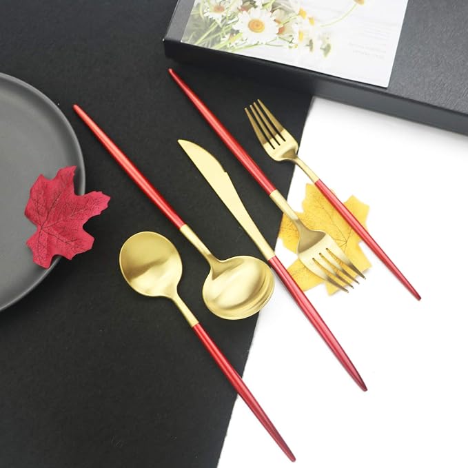 JASHII Luxury 18/10 Red Handle Flatware Gold Silverware Set 304 Stainless Steel - Image 4