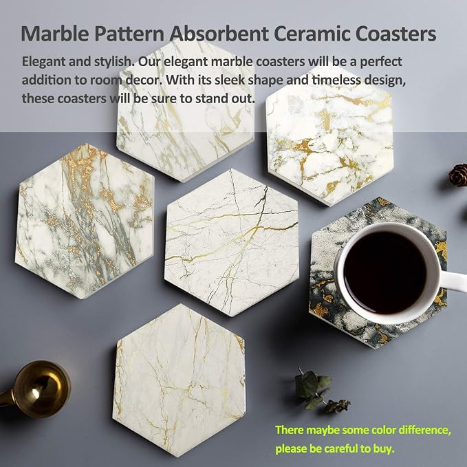 Coasters Set of 8 with Metal Holder Stand, Marble Design Ceramic Coaster Set - Image 4