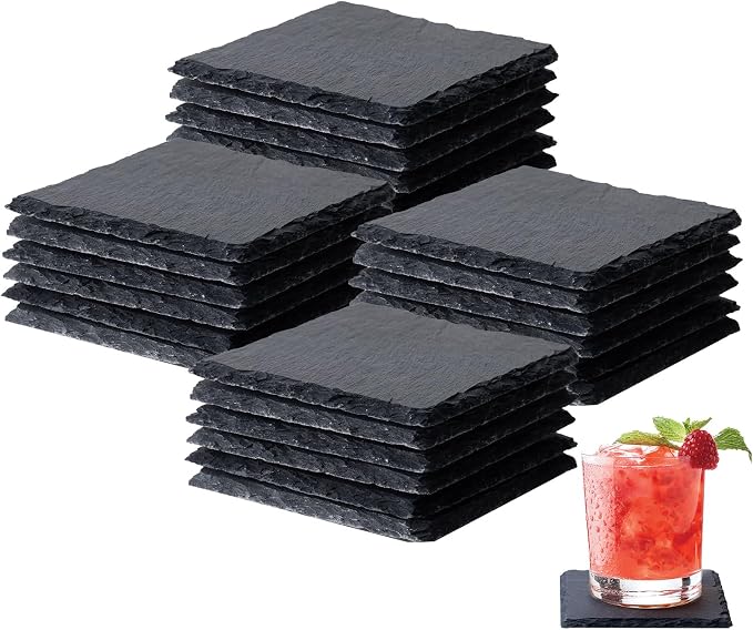 24 PCS Slate Coasters Set, 4 Inch Black Square Stone Coasters Bulk, Laser by Unknown