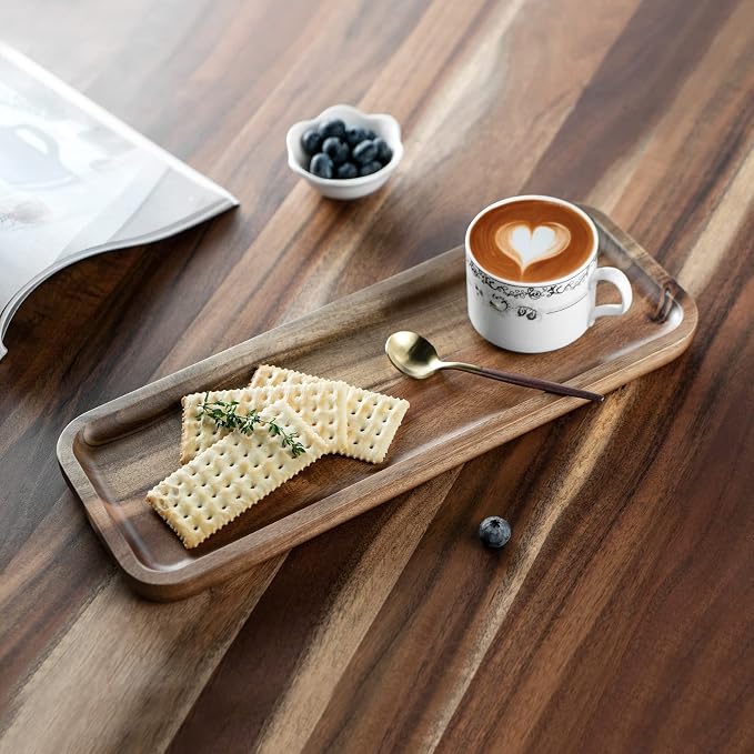 Set of 3 Solid Acacia Wood Serving Trays Rectangular Wooden Serving Platters - Image 2