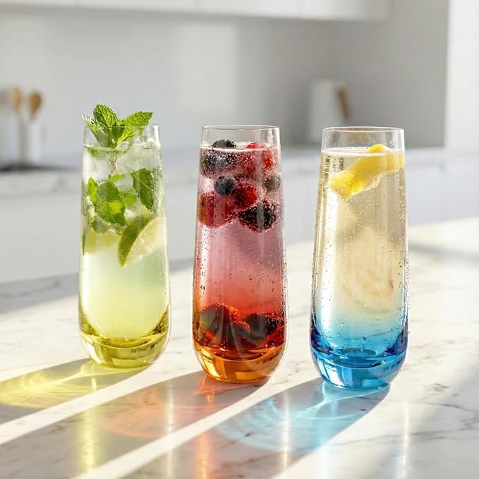 ColoVie Stemless Champagne Flutes set of 6, Colored Bar Glassware, Cocktail | - Image 7