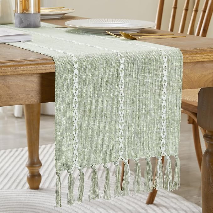 Wracra Rustic Linen Table Runner, Sage Green Table Runners 90 inches Long | by Wracra