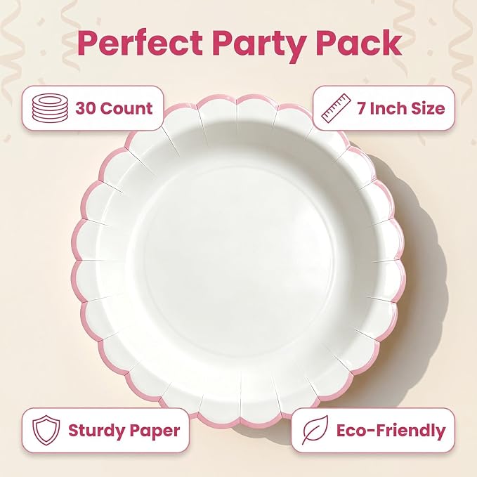 30 Pack Pink and White Paper Plates 7 Inch, Disposable Scalloped Plates Dinner - Image 2