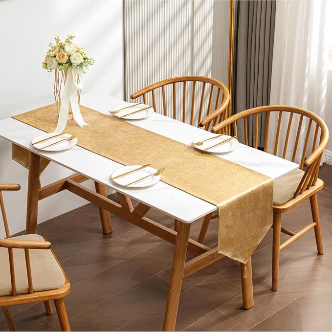 BALCONY & FALCON Table Runner Faux Linen Shimmer Gold 14"x118" | Tasselled - Image 4