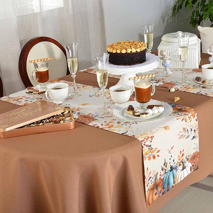 Orange Blue Pumpkin Fall Table Runner 48 Inches Long, Thanksgiving Eucalyptus - Image 5