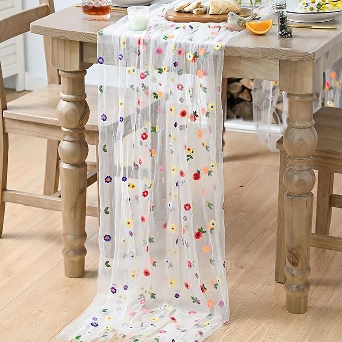 Artoid Mode 6PCS Embroidery Daisy Gauze Table Runner 120 Inch 10FT | Seasonal - Image 4