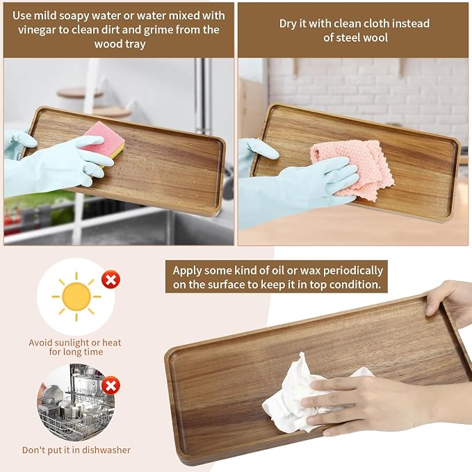 2 pcs15.7" x 7" Large Solid Acacia Wood Serving Tray Rectangular Wooden Serving - Image 4