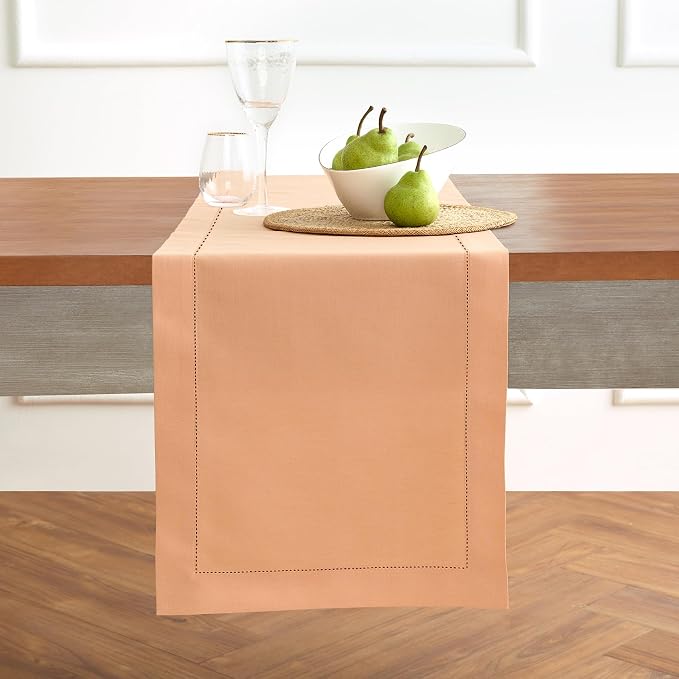 Solino Home Cotton Linen Dining Table Runner Peach Hemstitch, 14 x 72 in | by SolinoHome