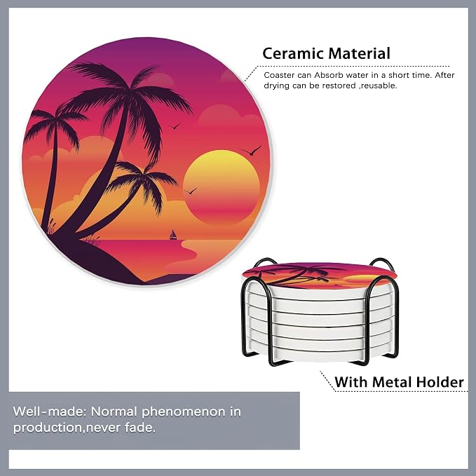 Drink Coasters Set of 6 with Holder, Beach Palm Trees Sunset Landscape - Image 5