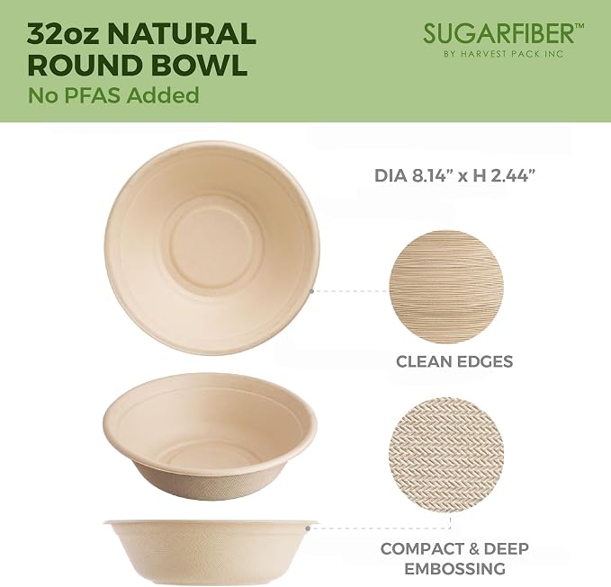 Harvest Pack PFAS FREE 32oz Paper Compostable Bowls Only, Round Heavy-Duty - Image 2