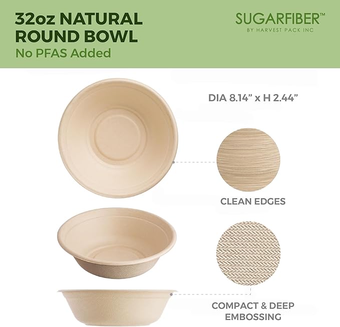 32oz Compostable Paper Bowls Disposable Round Natural Soup Bowls, Biodegradable - Image 2