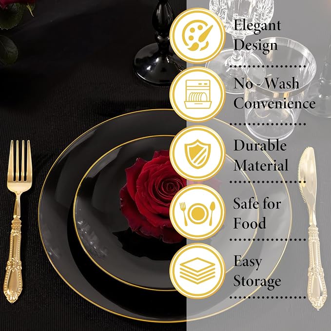 Nervure 100PCS Black and Gold Plastic Plates 10.25″Disposable Dinner Plate | - Image 9