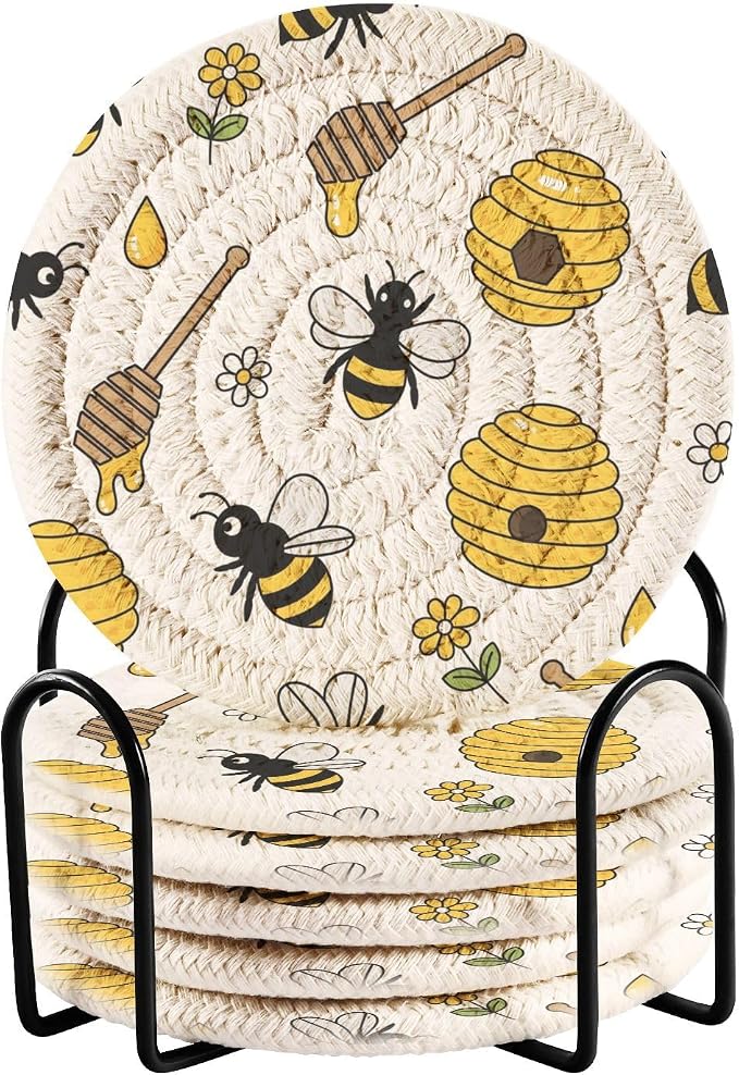 Bees Honeycomb White Print Coasters by Unknown