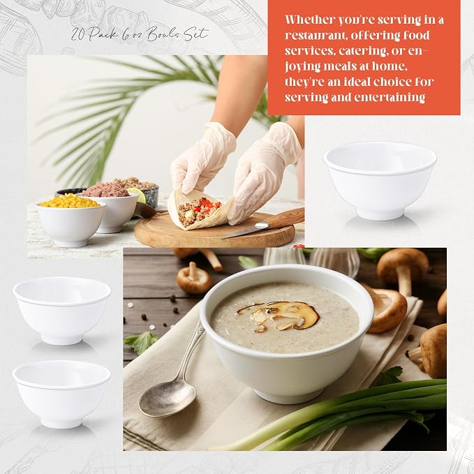 Tioncy 20 Pack 6 oz Bowls Set Dessert Bowls Unbreakable White Soup Bowls Salad - Image 3