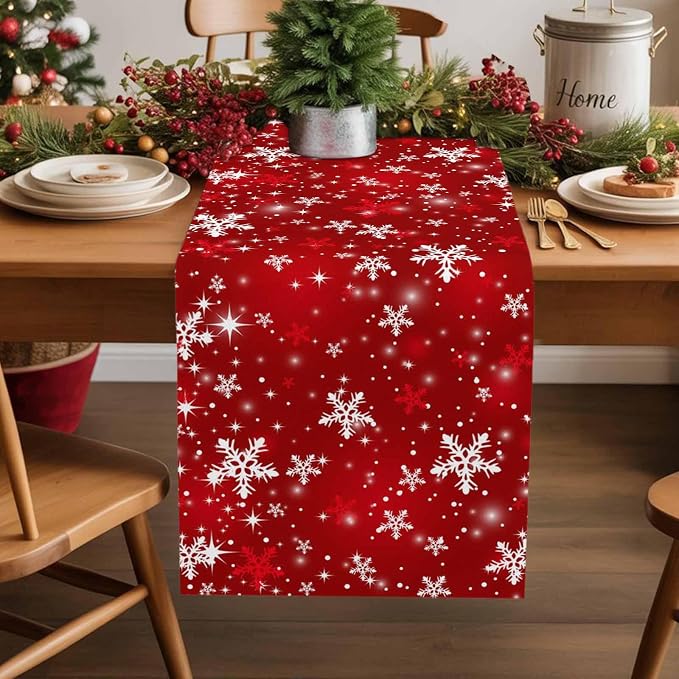 Red Christmas Short Table Runners 48 Inches, Cotton Linen Fabric Snowflake - Image 5