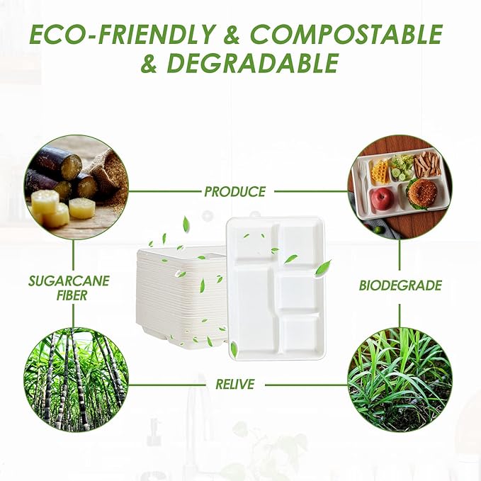Vplus 100% Compostable 5 Compartment Paper Plates, 100 Pack, 12.5 x 8.6 inch - Image 5