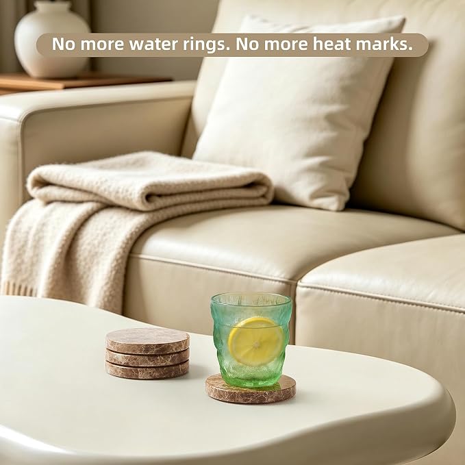 Natural Marble Coaster Set of 4.Round Drinks Coasters, Non-Ceramic/Non-Resin | - Image 4