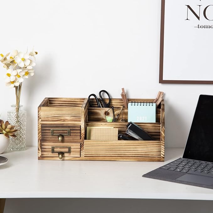 Distressed Rustic Wooden Office Desktop Drawers Organizer Wood Shelf Tabletop - Image 3