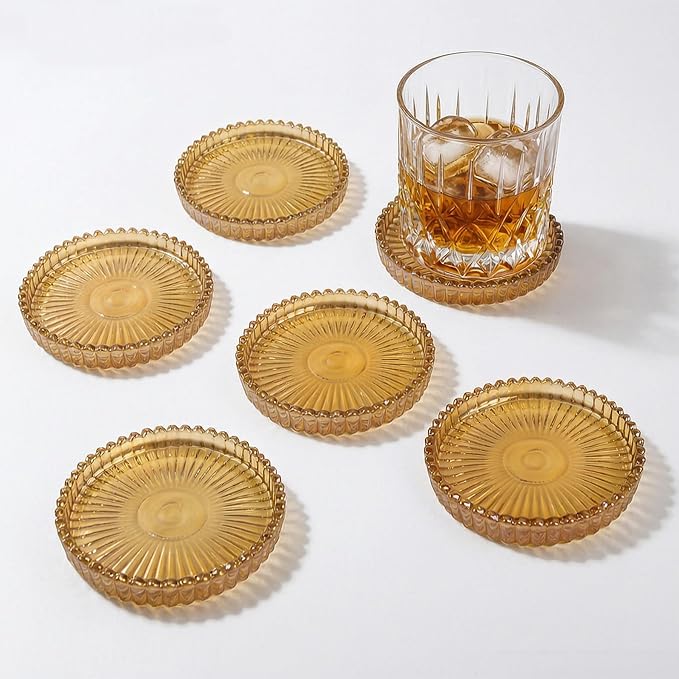 Modern Minimalist Amber Round Glass Coaster Set, 5 Pieces, Durable Glass by Unknown