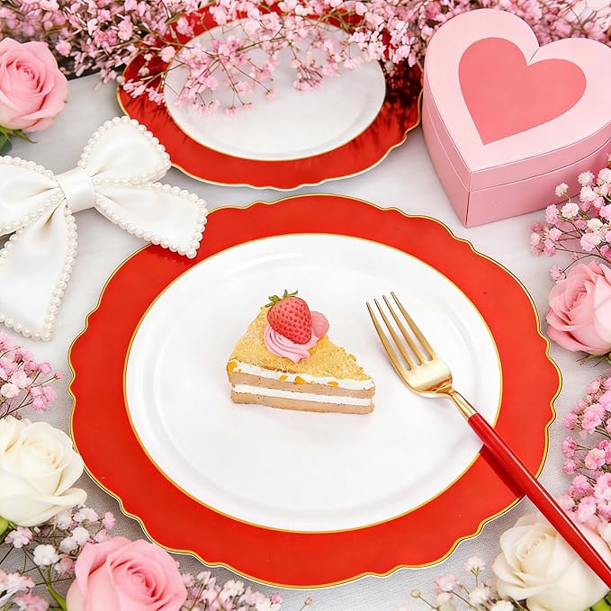 60pcs Red Plastic Plates with Gold Rim - Image 3