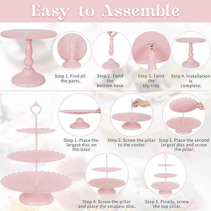 Fivenl 8 Pcs Cake Stand Pink Metal Dessert Table Display Set, 3-Tier Cupcake - Image 6