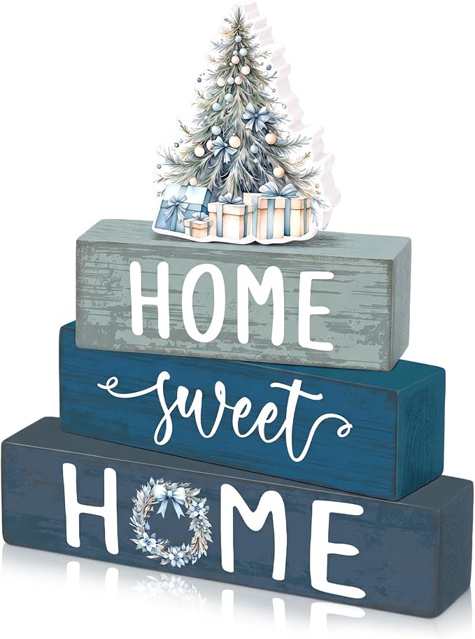 Cinnvoice 4 Pcs Blue Christmas Tree Wooden Block Decor Winter Farmhouse Tiered by Cinnvoice