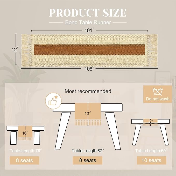Boho Table Runner for Home Decor 12x108 Fall Coffee Table Decor Caramel | 108 - Image 2