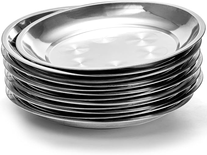 WUWEOT 10 Pack Stainless Steel Dinner Plates, Rust-Proof Camping Serving Plates by WUWEOT