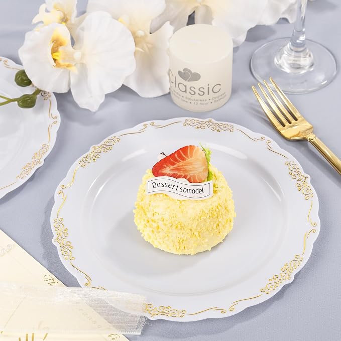 DaYammi 60PCS White and Gold Plastic Plates, Disposable Heavy Duty Plates - Image 7