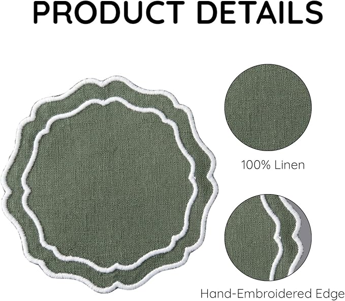 Linen Coasters for Drinks, 4.5 inch, Sage | Absorbent Linen Drink Mats - Image 4