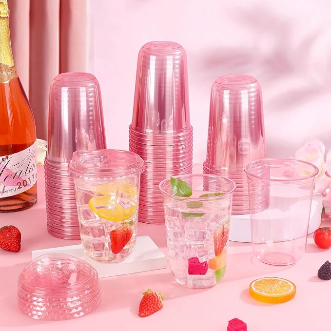 KesaPlan 100 Pack 16 oz Pink Round Bottom Plastic Party Cups - Image 3