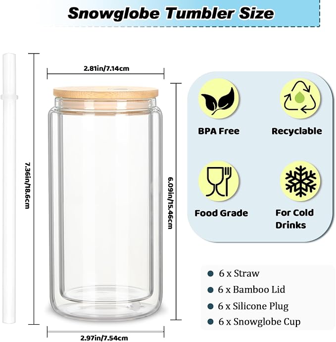6 Pack 16 Oz Sublimation Snow Globe Tumbler, Snow Globe Cups - Image 2