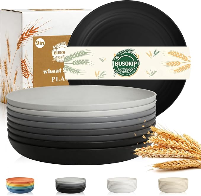 Salad Plates Set of 8, Unbreakable Wheat Straw Plates 9 Inch, Microwavable by BUSOKIP