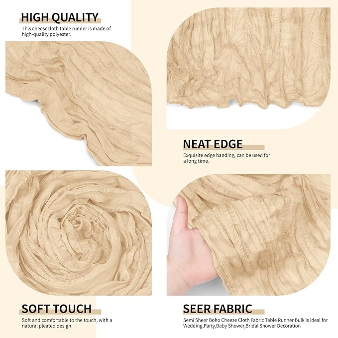 12 Pack Beige Cheesecloth Table Runner 10Ft, Gauze Table Runners 21.5 x 120 inch - Image 3